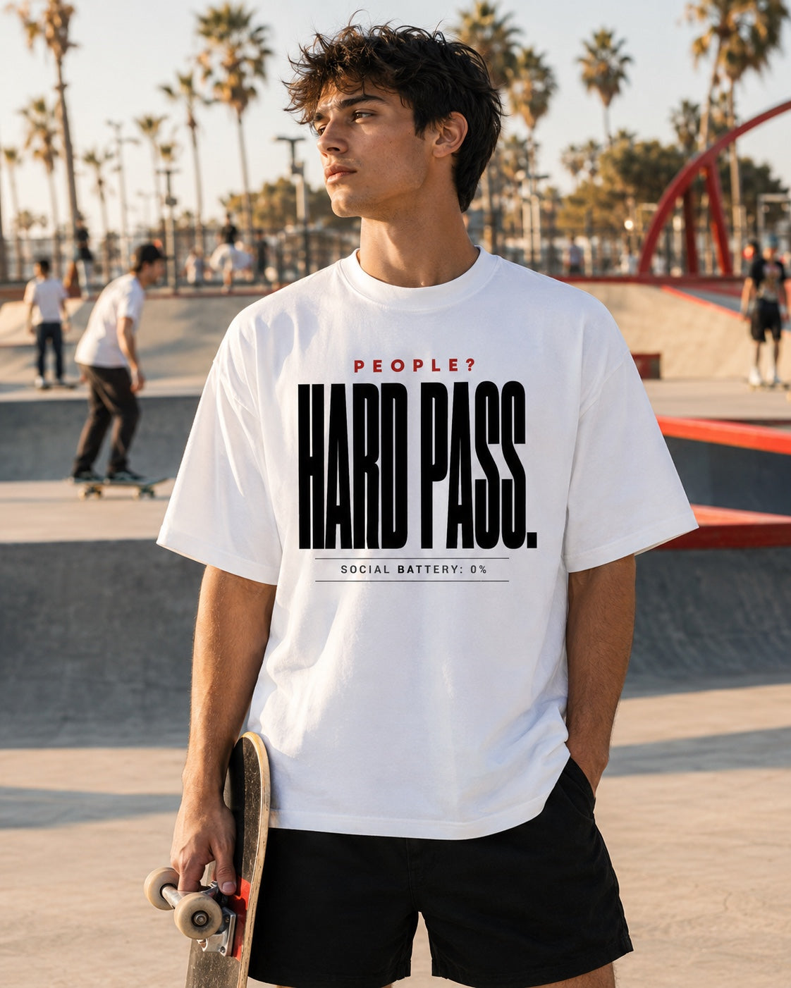 Hard Pass Social Battery Oversized Tee – men's lifestyle view