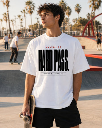 Hard Pass Social Battery Oversized Tee – men's lifestyle view