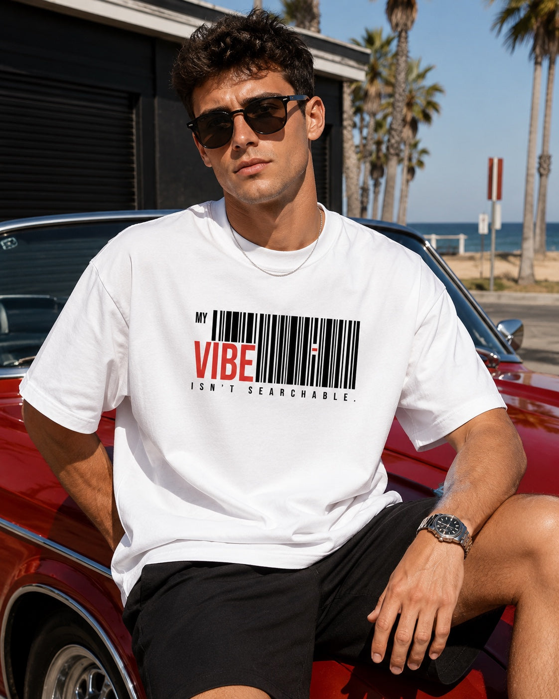 My Vibe Isn’t Searchable Oversized Tee – men's lifestyle view